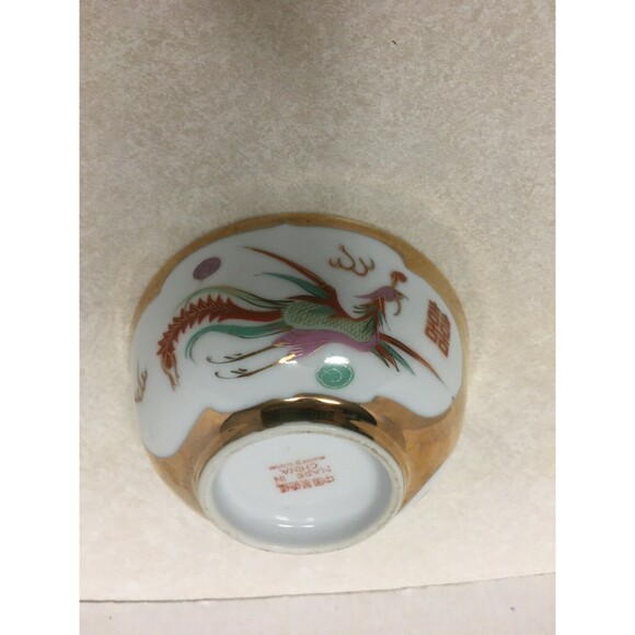 CHINESE  VINTAGE  4  RICE BOWLS GOLD TRIM RED DRAGON & PHOENIX 4 1/2" H MARKED - Picture 6 of 7